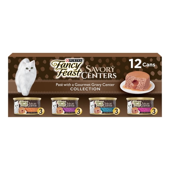 Purina Fancy Feast Savory Centers Wet Cat Food Pate Variety Pack With Chicken, Salmon, Beef, and Tuna Pate with Gravy Center, 3 oz Cans, 12 Pack