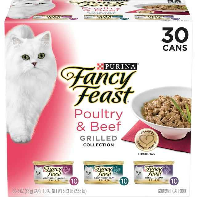 Purina Fancy Feast Wet Cat Food, Poultry & Beef Grilled Collection Variety Pack, 3 oz. Cans (30 Pack)