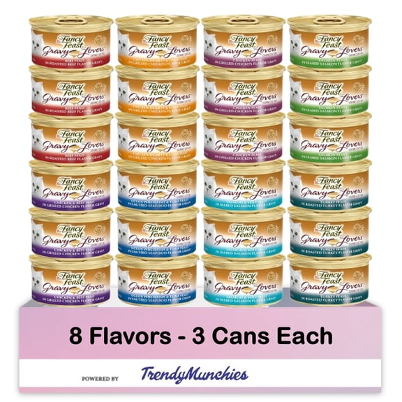 Purina Feast Gourmet Wet Cat Food Gravy Lovers Feast, 24 cans (8 Flavor Variety Bundle) - 3oz Cans Packaged by TrendyMunchies