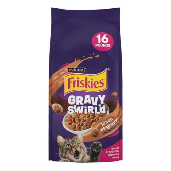 Purina Friskies Dry Cat Food Gravy Swirl'd with Flavors of Chicken, Salmon and Gravy Dry Cat Food, 16 lb Bag