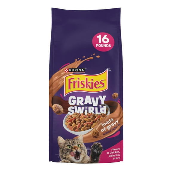 Purina Friskies Dry Cat Food Gravy Swirl'd with Flavors of Chicken, Salmon and Gravy Dry Cat Food, 16 lb Bag