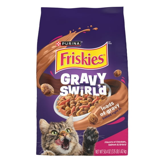 Purina Friskies Gravy Swirlers Dry Cat Food Flavors of Chicken, Salmon and Gravy, 3.15 lb Bag