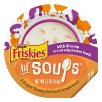 Purina Friskies Grain Free Lickable Cat Food Toppers Lil’ Soups with Shrimp in a Velvety Chicken Broth, 1.2 oz Cups