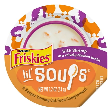 Purina Friskies Grain Free Lickable Cat Food Toppers Lil’ Soups with Shrimp in a Velvety Chicken Broth, 1.2 oz Cups