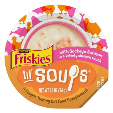 Purina Friskies Grain Free Lickable Cat Food Toppers Lil’ Soups With Sockeye Salmon in Chicken Broth
