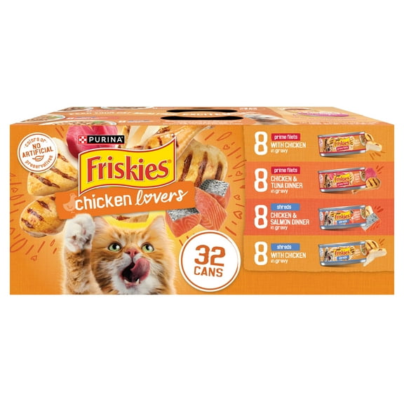 Purina Friskies Gravy Wet Cat Food Variety Pack, Chicken Lovers Prime Filets and Shreds, 5.5 oz Cans, 32 Pack