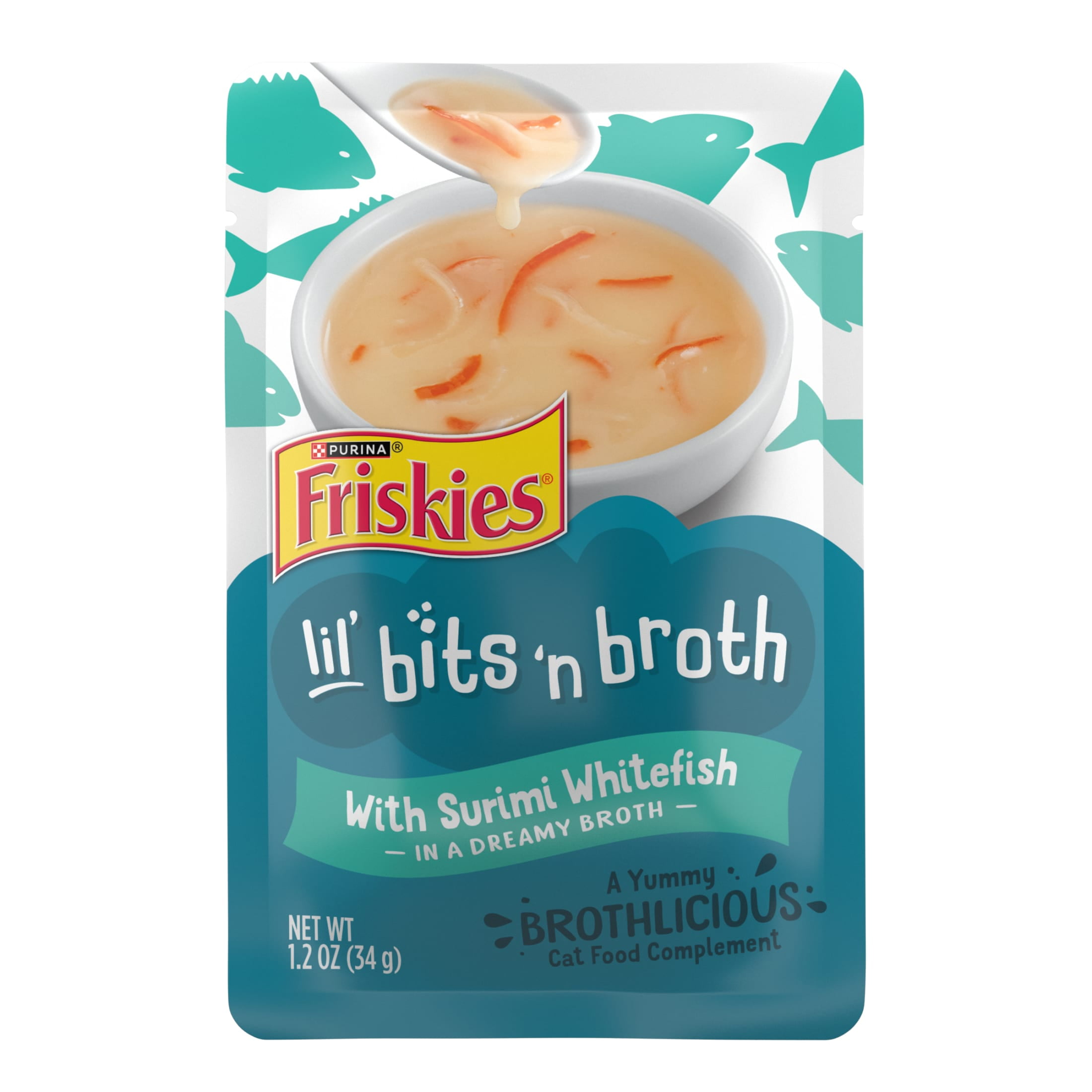 Purina Friskies Lickable Cat Food Toppers Lil' Bits ‘n Broth with Surimi Whitefish in a Dreamy Broth, 1.2 oz Pouch (16 Pack)