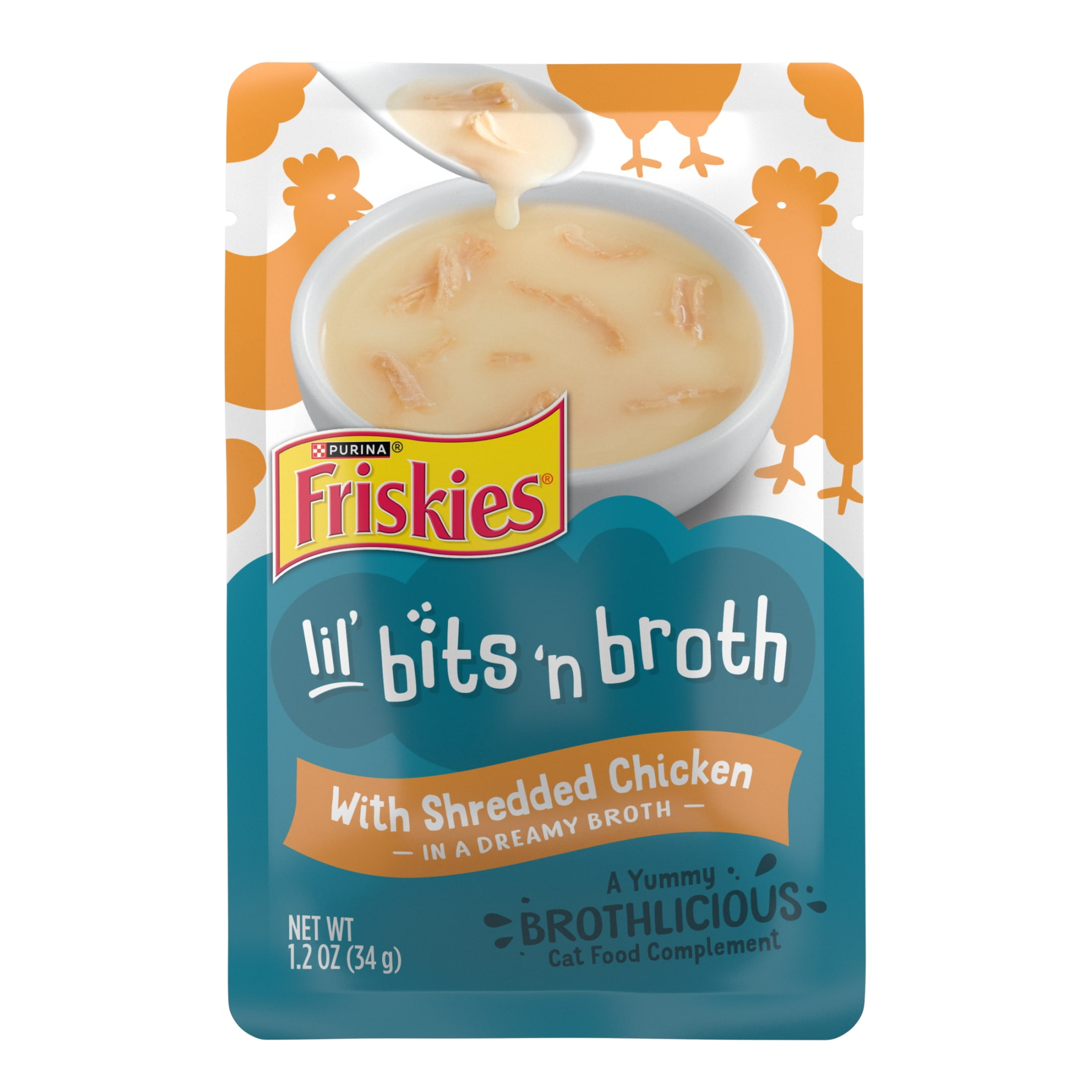 Purina Friskies Lickable Cat Treats Lil' Bits n Broth with Shredded Chicken in a Dreamy Broth Cat Food Toppers, 1.2 oz Pouches (16 Pack)
