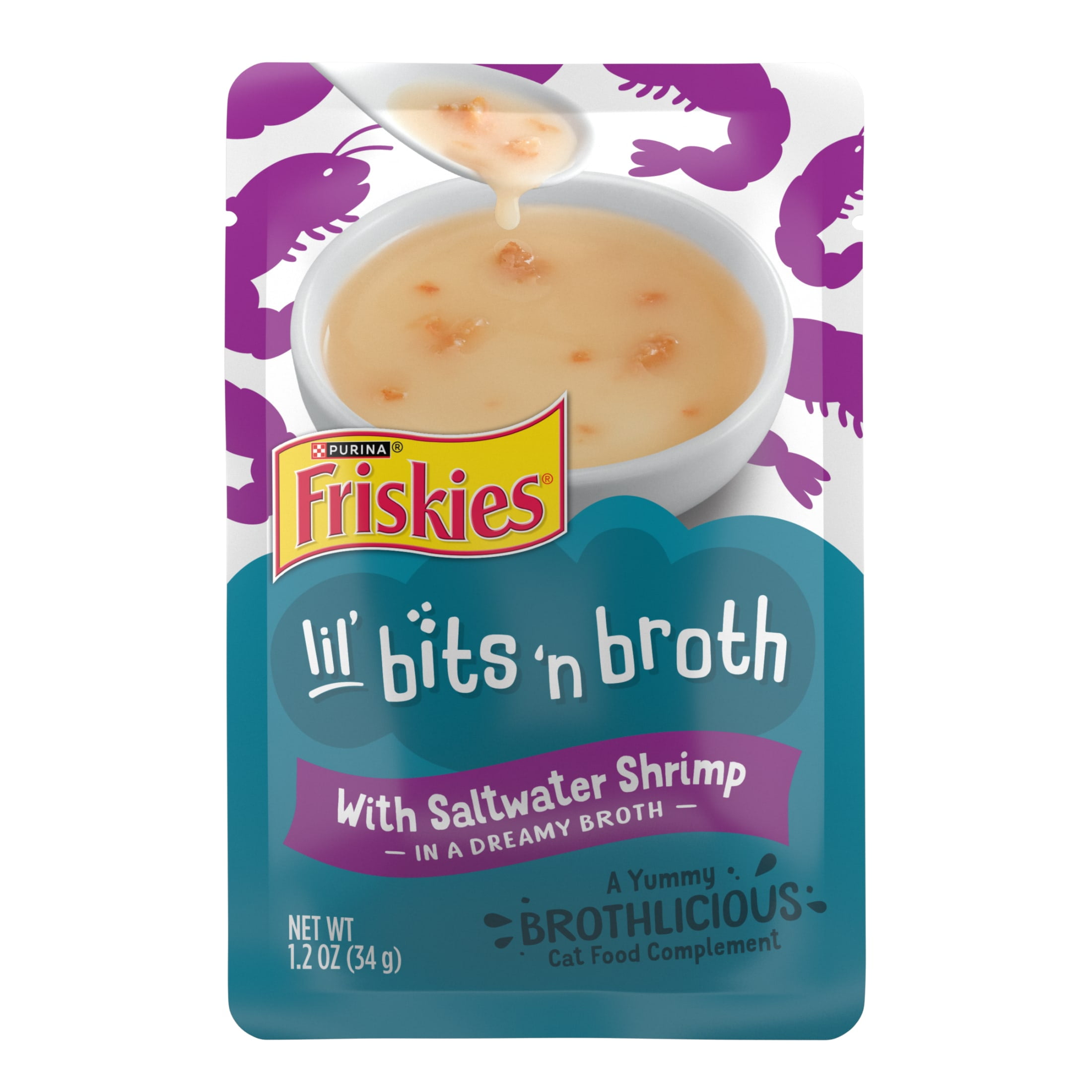 Purina Friskies Lickable Wet Cat Food Toppers Lil' Bits ‘n Broth with Saltwater Shrimp in a Dreamy Broth, 1.2 oz Pouches (16 Pack)
