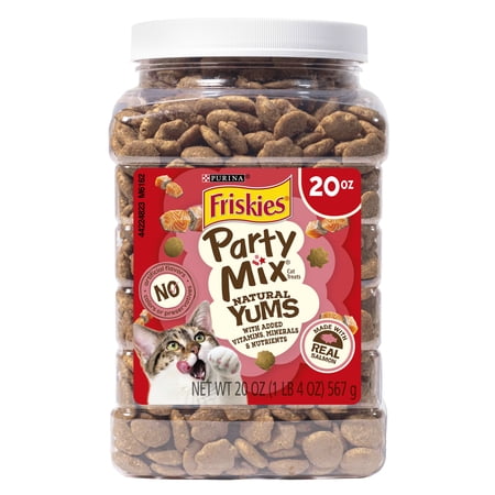 (3 pack) Purina Friskies Party Mix Natural Yums Salmon Flavor Crunchy Treats for Cats, 20 oz Canister
