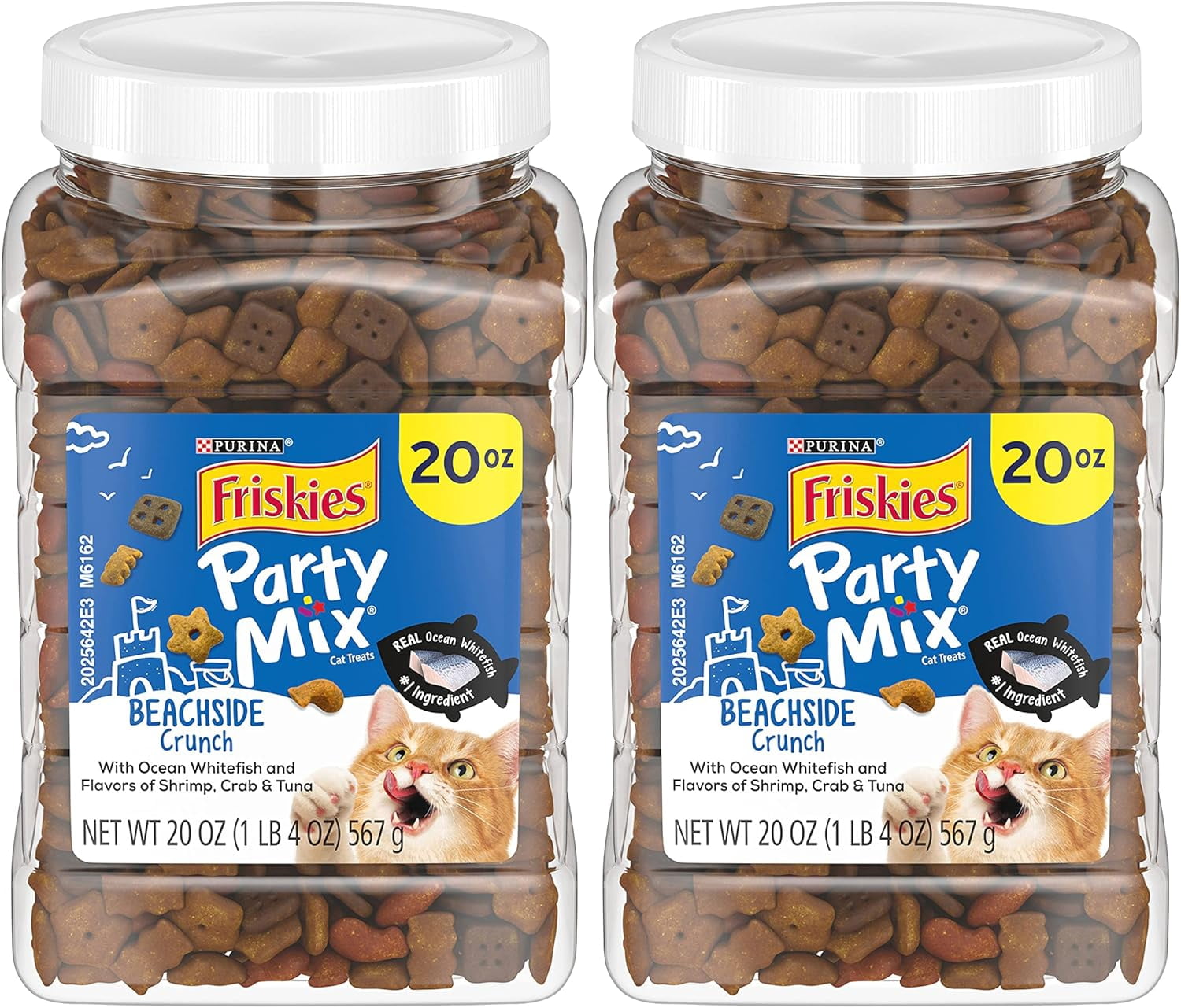 Purina Friskies Party Mix Cat Treats, Beachside Crunch with Ocean Whitefish & Flavors of Shrimp, Crab & Tuna, Cat Treats for Adult Cats, 20 OZ Canister (Pack of 2)