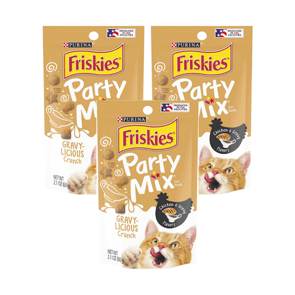 Purina Friskies Party Mix Cat Treats, Gravy-Licious Crunch, Chicken & Gravy Flavors, Dry Cat Treats, Helps Clean Teeth, 2.1-Ounce Resealable Pouch, (Pack of 6)