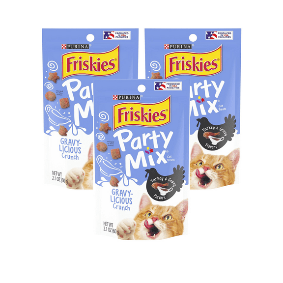 Purina Friskies Party Mix Cat Treats, Gravylicious Crunch with Turkey & Gravy Flavors, Cat Treats for Adult Cats, 2.1-Ounce Resealable Pouch (Pack of 3)