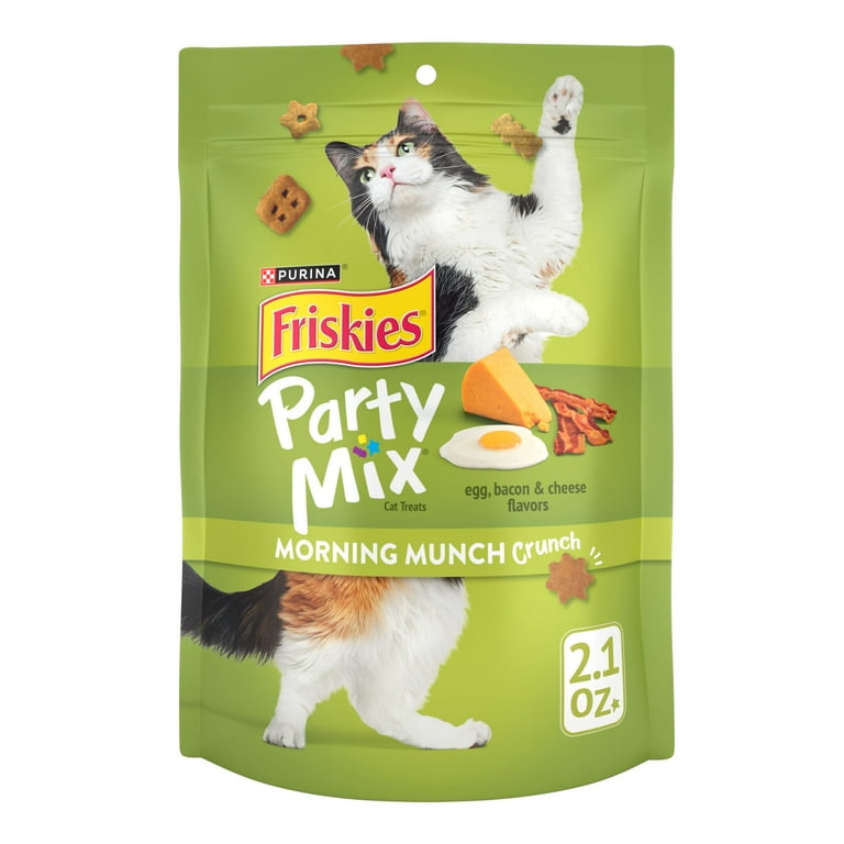 Purina Friskies Party Mix Morning Munch Crunch Cat Treats Bacon Egg Cheese 2.1 oz Bag