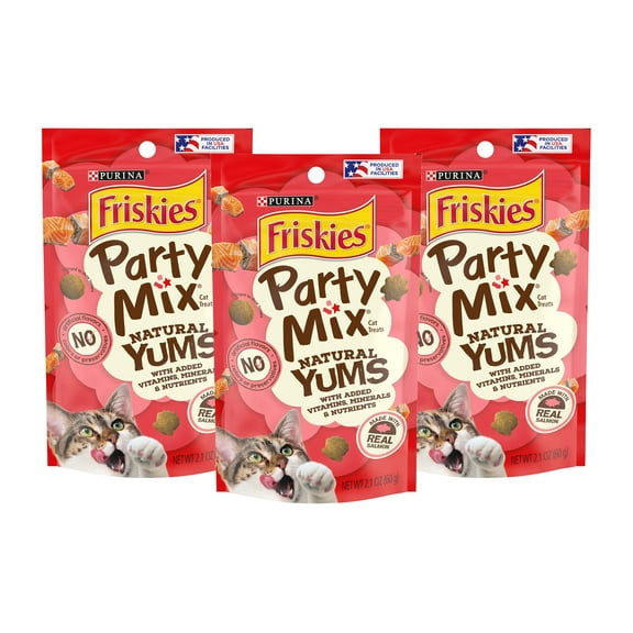 Purina Friskies Party Mix Natural Yums Cat Treats, Made with Real Salmon with Added Vitamins, Minerals & Nutrients, For Adult Cats, 2.1 OZ Pouch (Pack of 3)