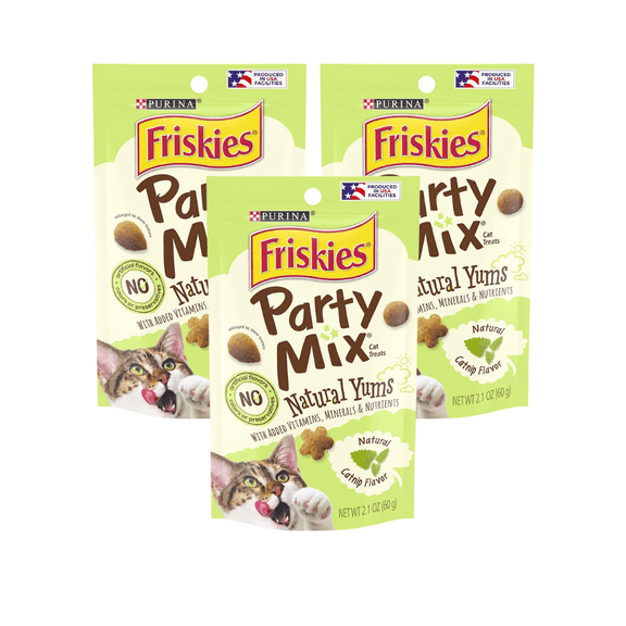 Purina Friskies Party Mix Natural Yums Cat Treats, Natural Catnip Flavor with Added Vitamins, Minerals & Nutrients, For Adult Cats, 2.1 OZ Pouch (Pack of 3)