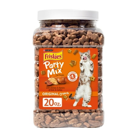 Purina Friskies Party Mix Original Crunch,  Cat Treats, Chicken, Liver, & Turkey, 20 oz Canister