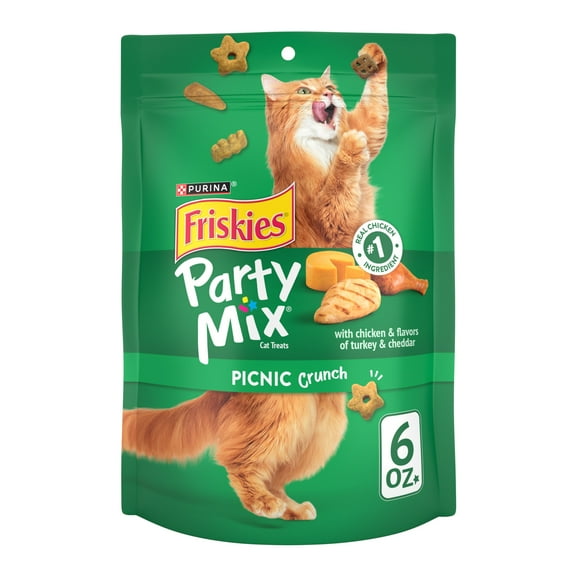 Purina Friskies Party Mix Picnic Crunch, Cat Treats, Chicken, Turkey, & Cheddar, (6) 6 oz Bags