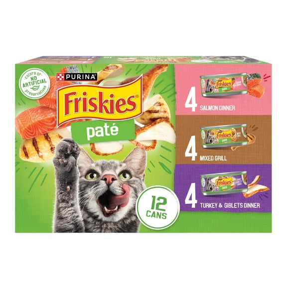 Purina Friskies Pate Salmon, Turkey, and Mixed Grilled, Wet Cat Food, 5.5 oz Can, 12 Pack