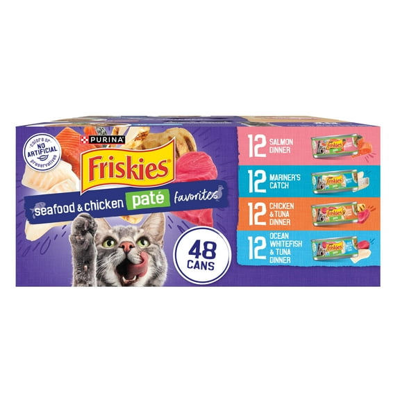 Purina Friskies Pate, Soft Seafood and Chicken Variety Pack, Wet Cat Food, 5.5 oz Cans (48 Count)