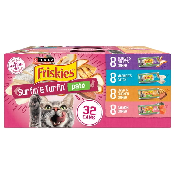 Purina Friskies Pate Variety Pack, Surfin' and Turfin' Favorites, Wet Cat Food, 5.5 oz Can, 32 Pack