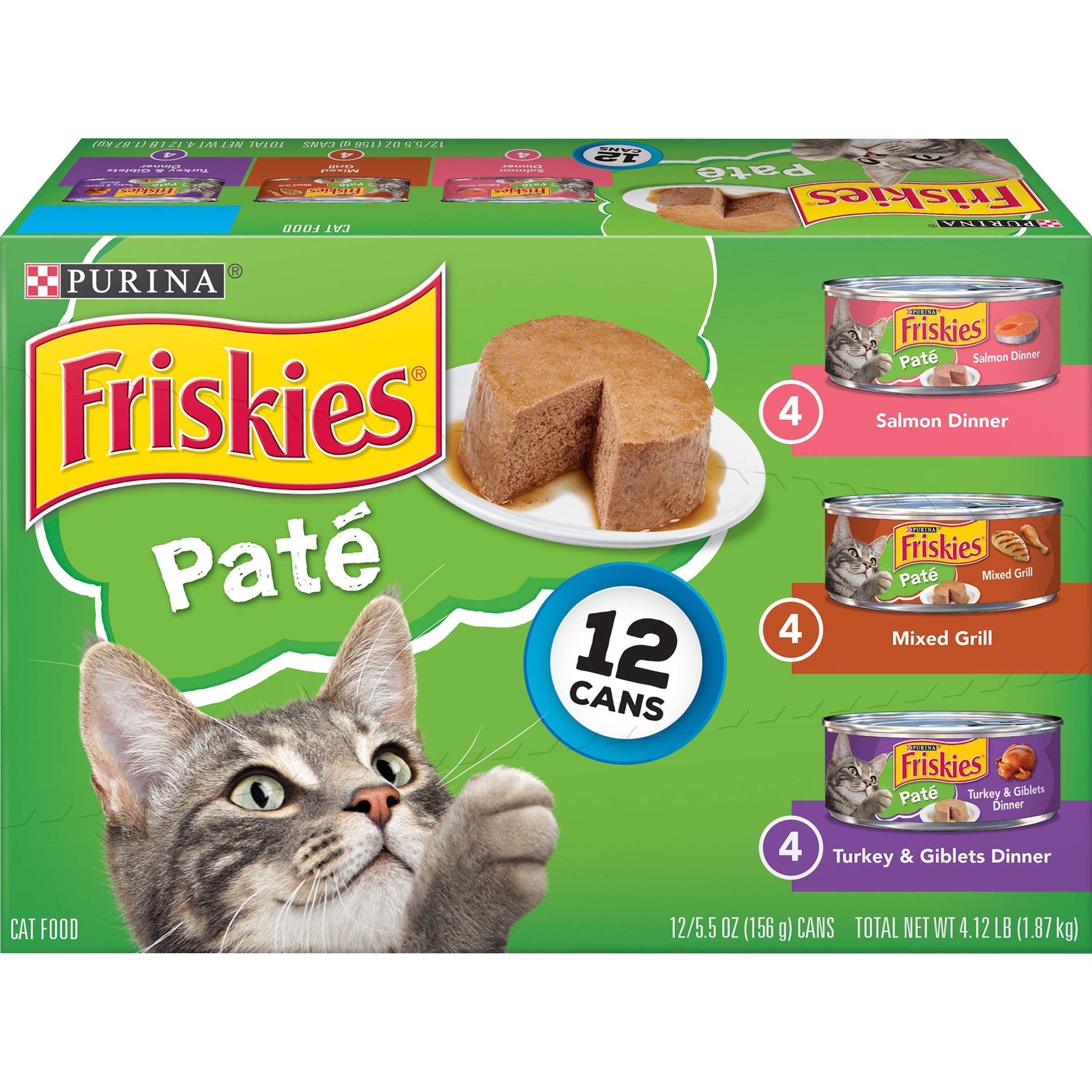 Purina Friskies Pate Wet Cat Food Pate Variety Pack Salmon Dinner Turkey and Giblets and Mixed Grill 2 Packs of 12 5.5 oz. Cans KK21 KK21 Walmart