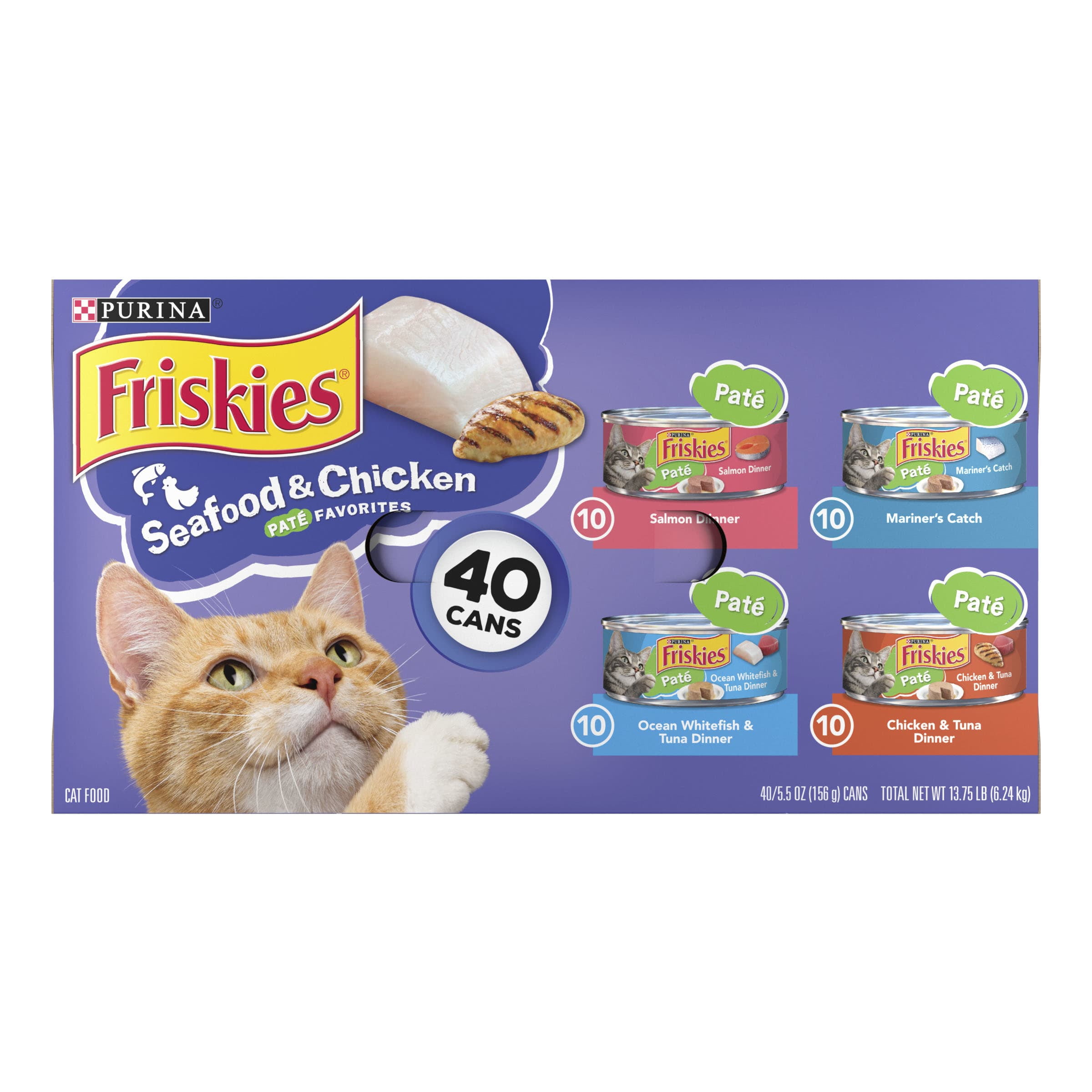 Purina Friskies Pate Wet Cat Food, Soft Seafood & Chicken Variety Pack, 5.5 oz Cans (40 Pack)