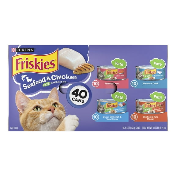 Purina Friskies Pate Wet Cat Food, Soft Seafood & Chicken Variety Pack, 5.5 oz Cans (40 Pack)