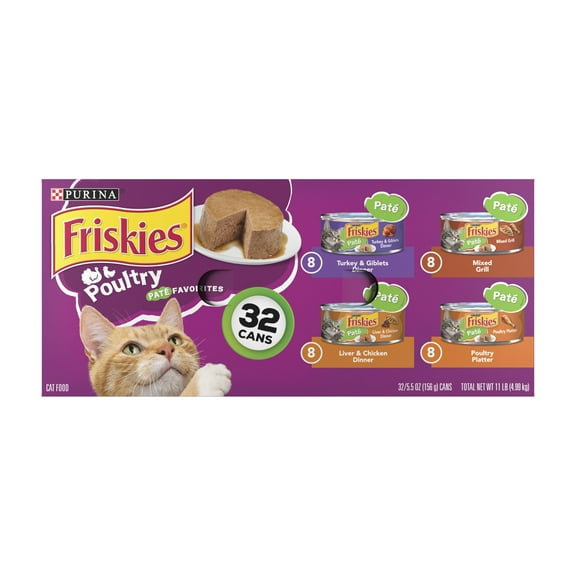 Purina Friskies Pate Wet Cat Food for Adult Cats, Soft Poultry Variety Pack, 5.5 oz Cans (32 Pack)