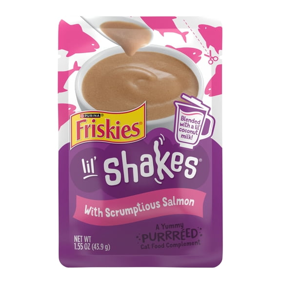 Purina Friskies Pureed Cat Food Toppers, Lil Shakes with Scrumptious Salmon Lickable Cat Treats, 1.55 oz Pouch