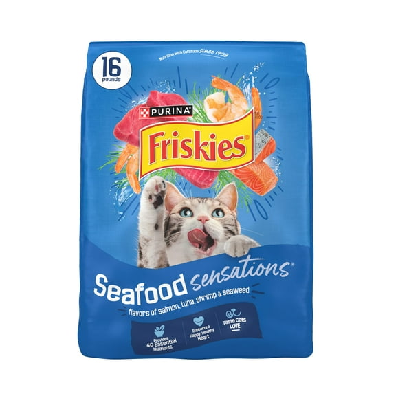 Purina Friskies Seafood Sensations Dry Cat Food Flavors of Salmon, Tuna, Shrimp and Seaweed, 16 lb Bag