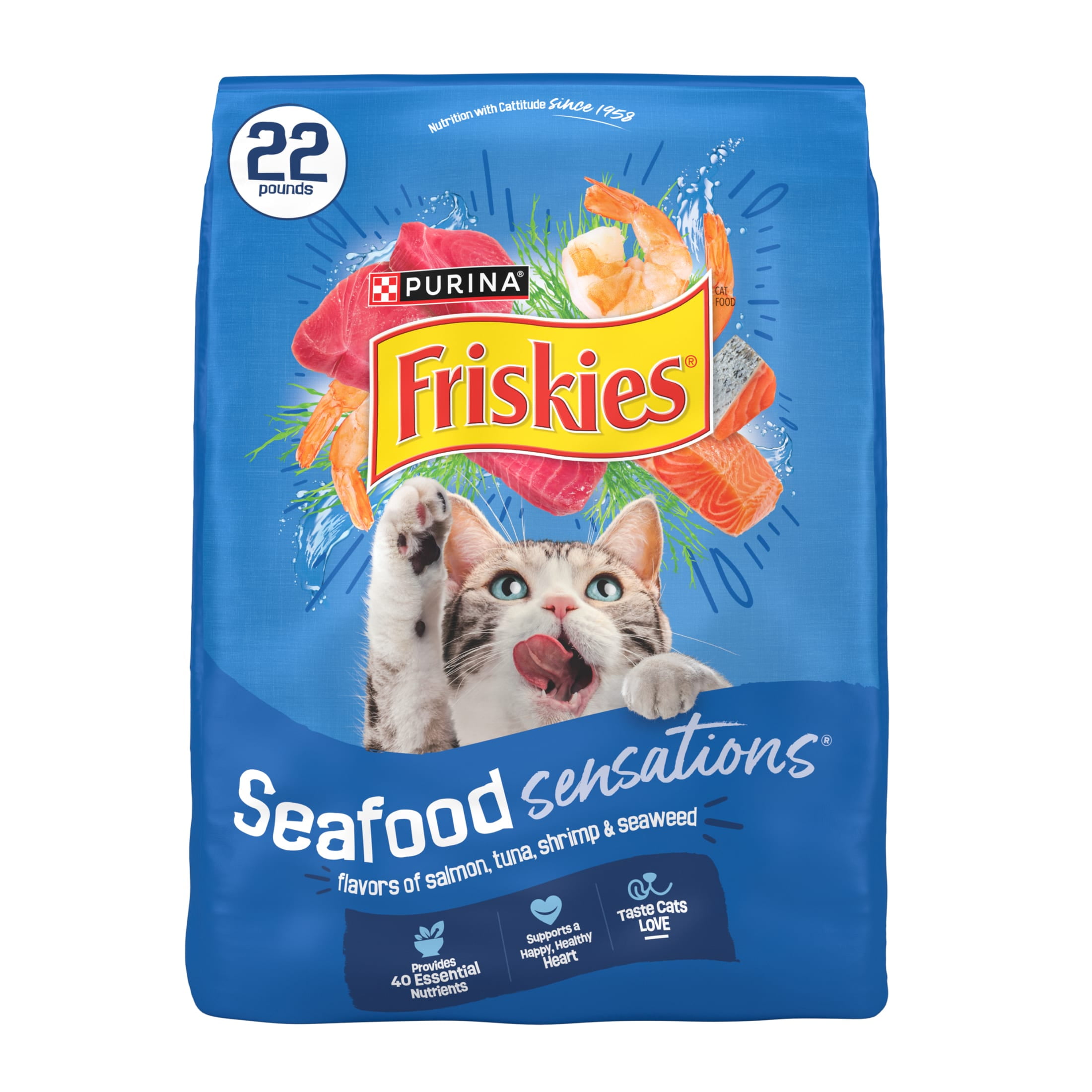 Purina Friskies Dry Cat Food Seafood Sensations with Salmon, Tuna, and Shrimp Flavors, 22 lb Bag