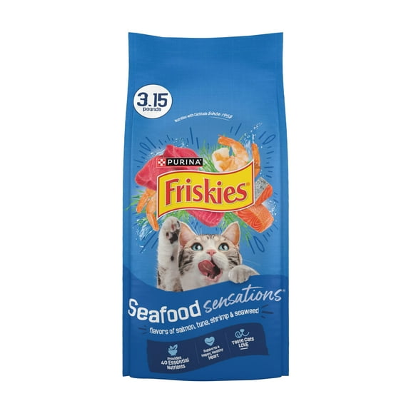 Purina Friskies Seafood Sensations Dry Cat Food Flavors of Salmon, Tuna, Shrimp and Seaweed, 3.15 lb. Bag