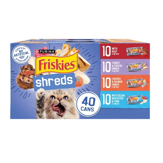 Purina Friskies Shreds Beef, Turkey, Chicken, & Ocean Whitefish Wet Cat Food Variety Pack, 5.5 oz Cans, 40 Pack