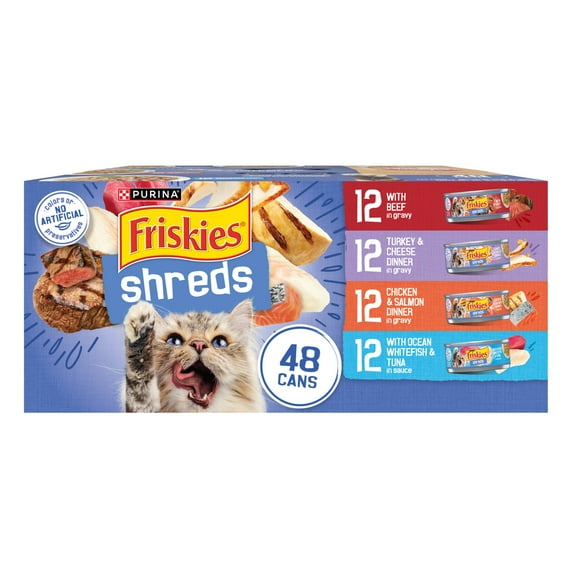 Purina Friskies Shreds Gravy Variety Pack, Wet Cat Food, 5.5 oz Cans (48 Count)