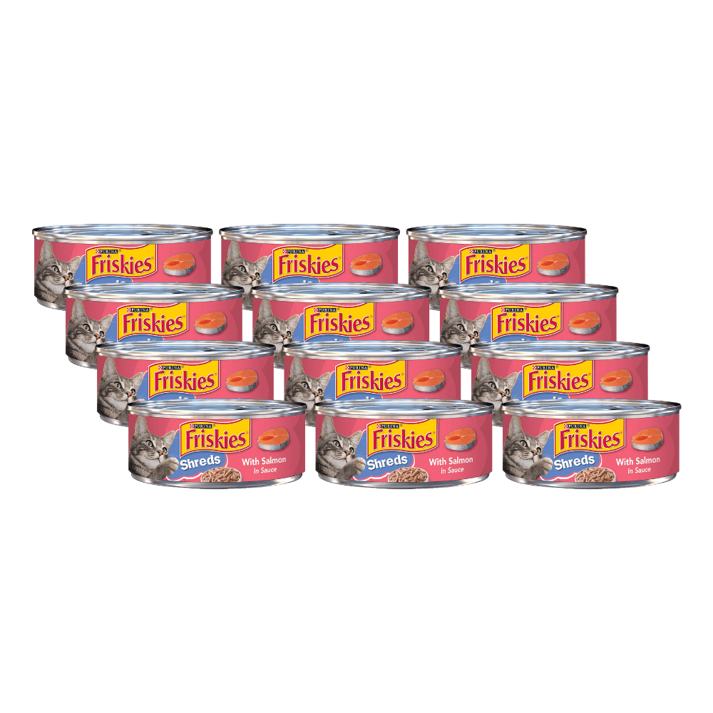 Purina Friskies Shreds Wet Cat Food, With Salmon in Sauce, Made with Real Salmon, Complete & Balanced Nutrition for Cats & Kittens, 5.5-Ounce Can (Pack of 12)