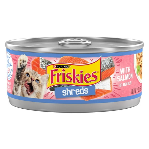 Purina Friskies Shreds With Salmon in Sauce, Wet Cat Food, 5.5 oz Can, 24 Pack