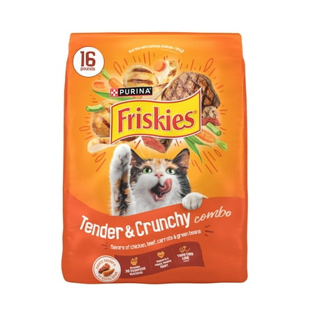 Purina Friskies Tender and Crunchy Dry Cat Food Flavors of Chicken, Beef, Carrots and Green Beans, 16 lb Bag