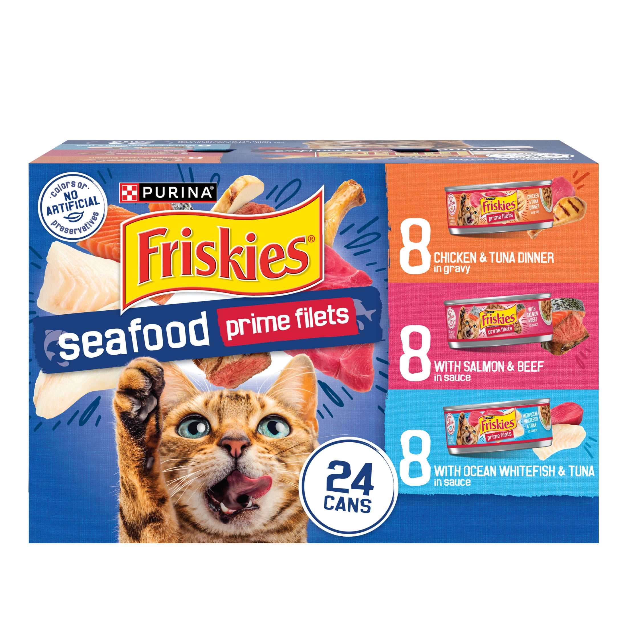 Purina Friskies Wet Cat Food Gravy Variety Pack Seafood Prime Filets Favorites, 5.5 oz Cans (24 Pack)
