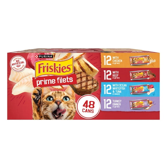 Purina Friskies Wet Cat Food Variety Pack, Prime Filets with Beef, With Chicken, With Ocean Whitefish and Tuna and Turkey Dinner, 48 Pack, 5.5 oz Cans
