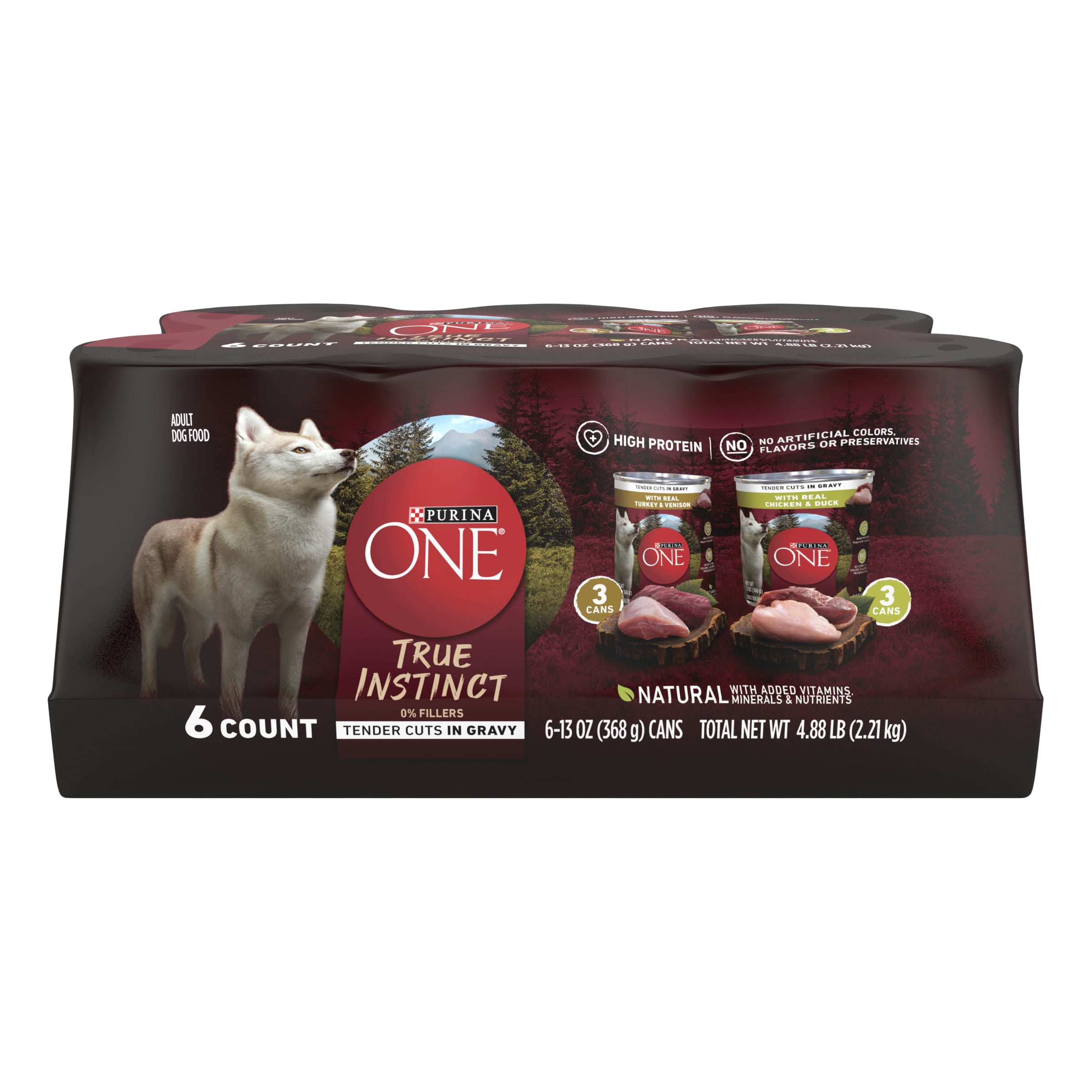 Purina ONE Adult Wet Dog Food True Instinct Soft Cuts in Gravy High Protein Flavors Variety Pack 13 oz cans 6 Pack
