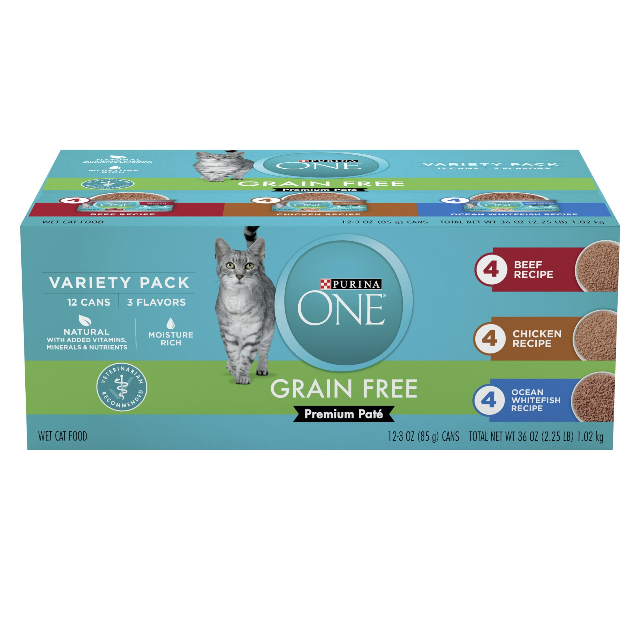 Purina ONE Grain Free, Natural Pate Wet Cat Food Variety Pack, Beef, Chicken and Ocean Whitefish Recipes - (2 Packs of 12) 3 oz. Pull-Top Cans