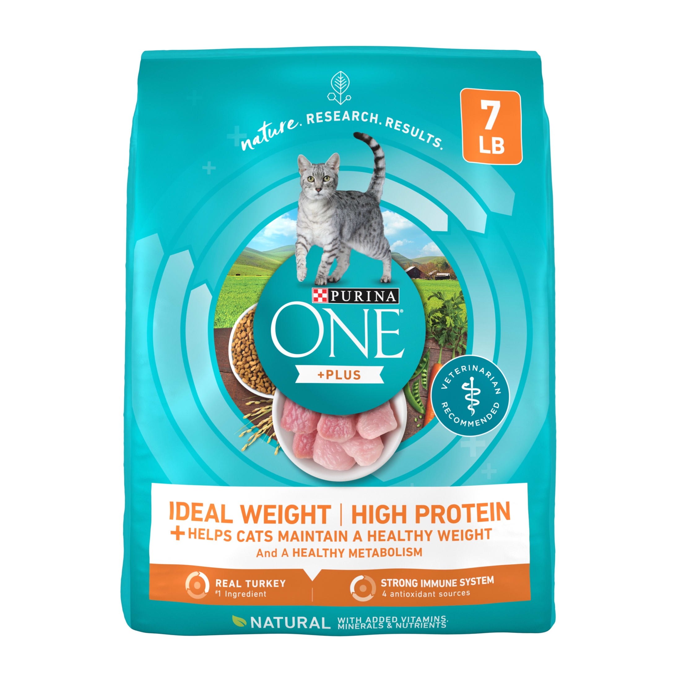 Purina ONE 고단백, 건강한 체중 건식 고양이 사료, +터키 포함 이상적인 체중, 7파운드 가방