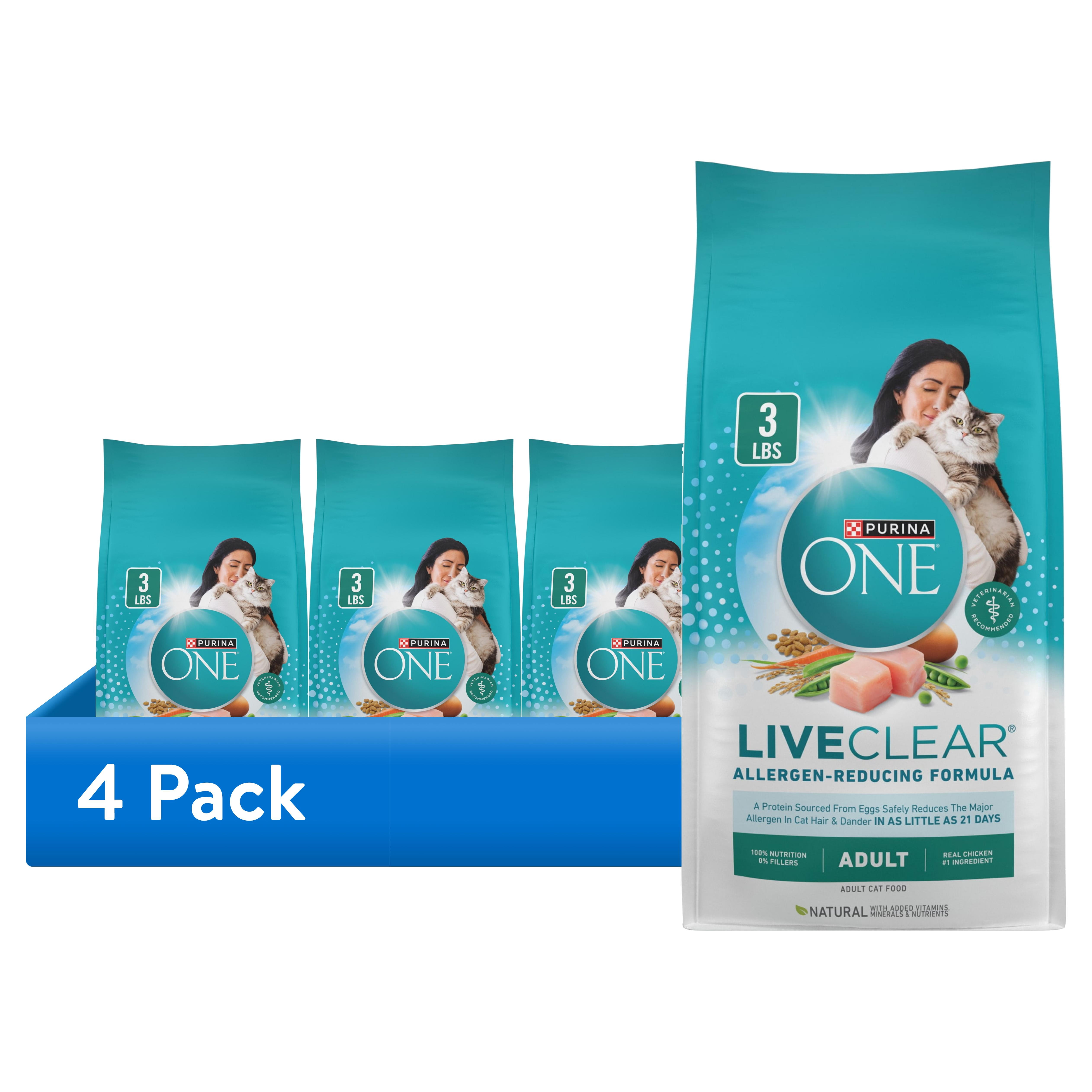 (4 pack) Purina ONE LiveClear Allergen-Reducing Dry Cat Food Formula with Real Chicken as the Number One Ingredient, 3 lb. Bag