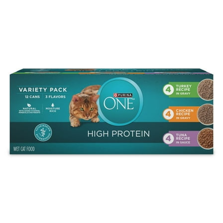 Purina ONE Natural, High Protein Wet Cat Food Variety Pack, Turkey, Chicken and Tuna, 12 Pack, 3 oz Cans