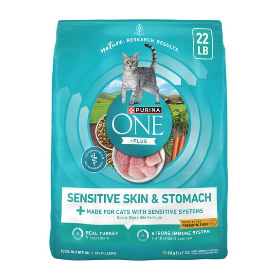 Purina ONE Plus Dry Cat Food Sensitive Skin & Stomach, Natural Turkey, 22 lb Bag