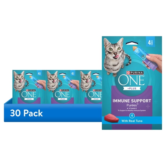 (30 pack) Purina ONE Plus Immune Support Purees With Real Tuna Lickable Cat Treats, 1.4 oz.