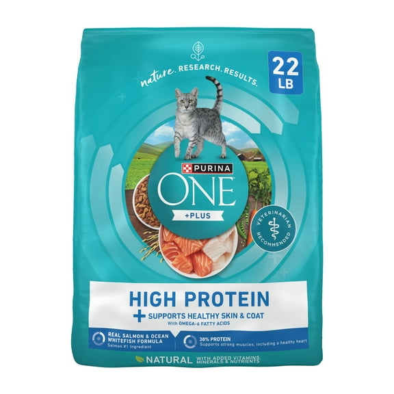 Purina ONE Plus Natural High Protein Dry Cat Food Salmon and Ocean Whitefish Skin and Coat Health Formula, 22 lb Bag