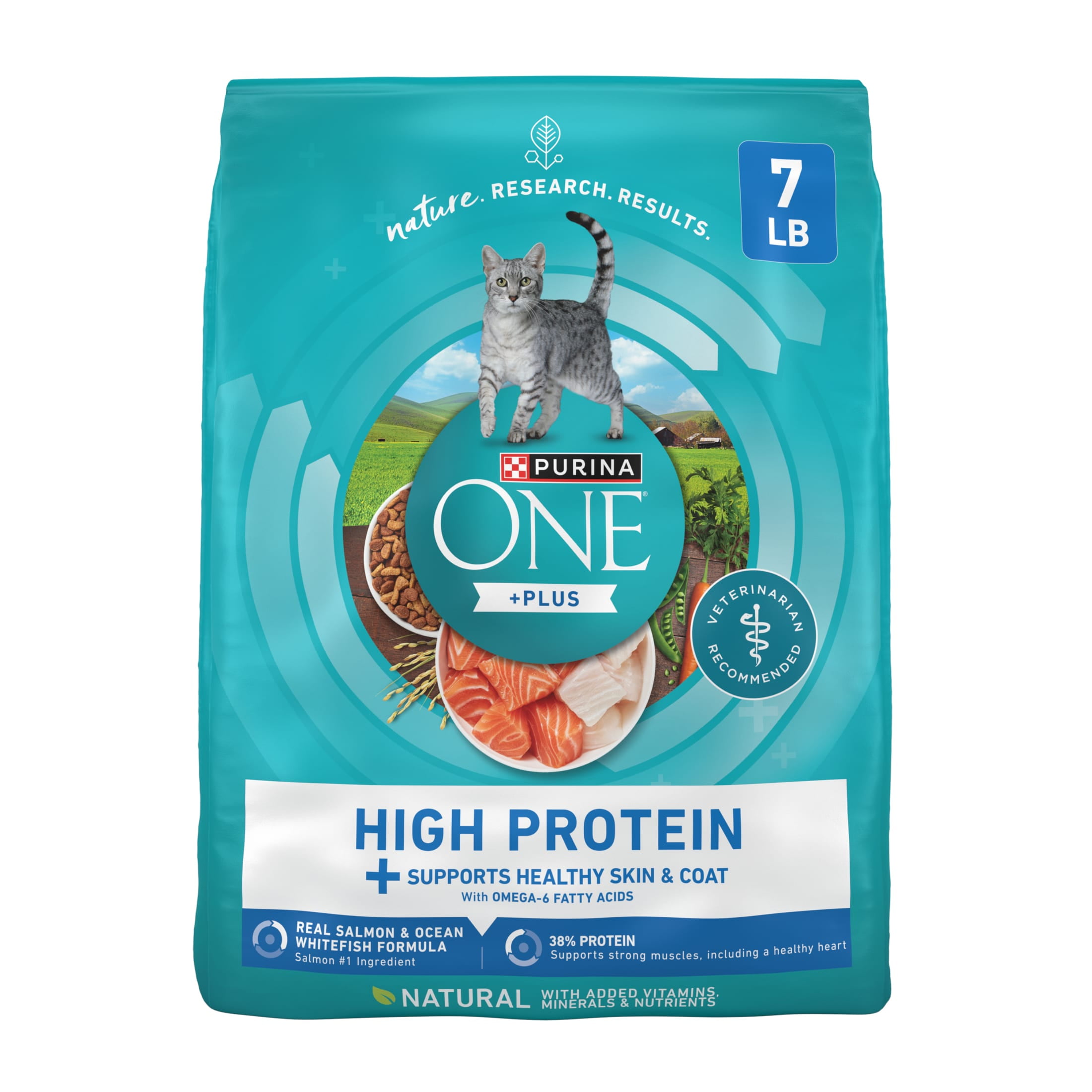 Purina ONE Plus Natural High Protein Dry Cat Food Salmon and Ocean Whitefish Skin and Coat Health Formula, 7 lb Bag