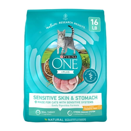 Purina ONE Plus, Sensitive Skin & Stomach, Dry Cat Food, Turkey, 16 lb Bag